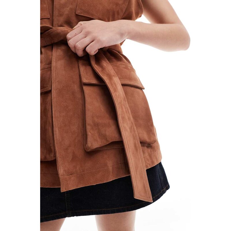 ASOS DESIGN premium suede trucker belted waistcoat in tan-Brown