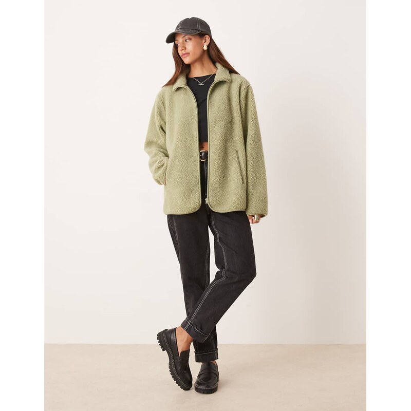 ASOS DESIGN borg zip through fleece in sage green