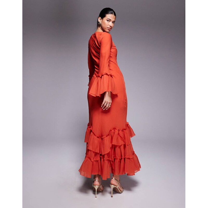 ASOS DESIGN tiered ruffle long sleeve chiffon maxi dress in red