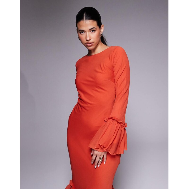 ASOS DESIGN tiered ruffle long sleeve chiffon maxi dress in red