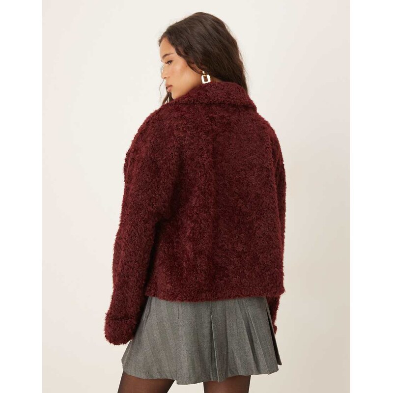 ASOS DESIGN chenille borg fleece with collar in burgundy-Red