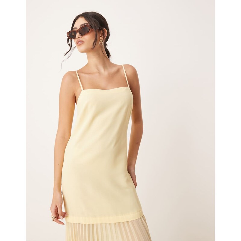 ASOS DESIGN dropped waist pleated skirt cami midi dress in lemon yellow