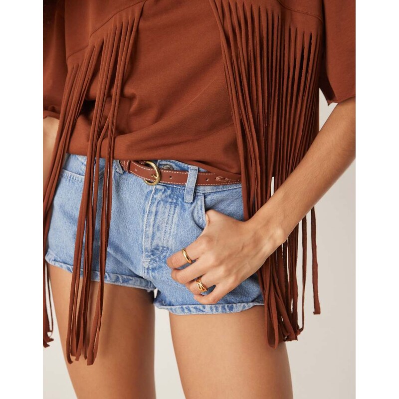 ASOS DESIGN boxy cropped t-shirt with fringe detail in chocolate-Multi
