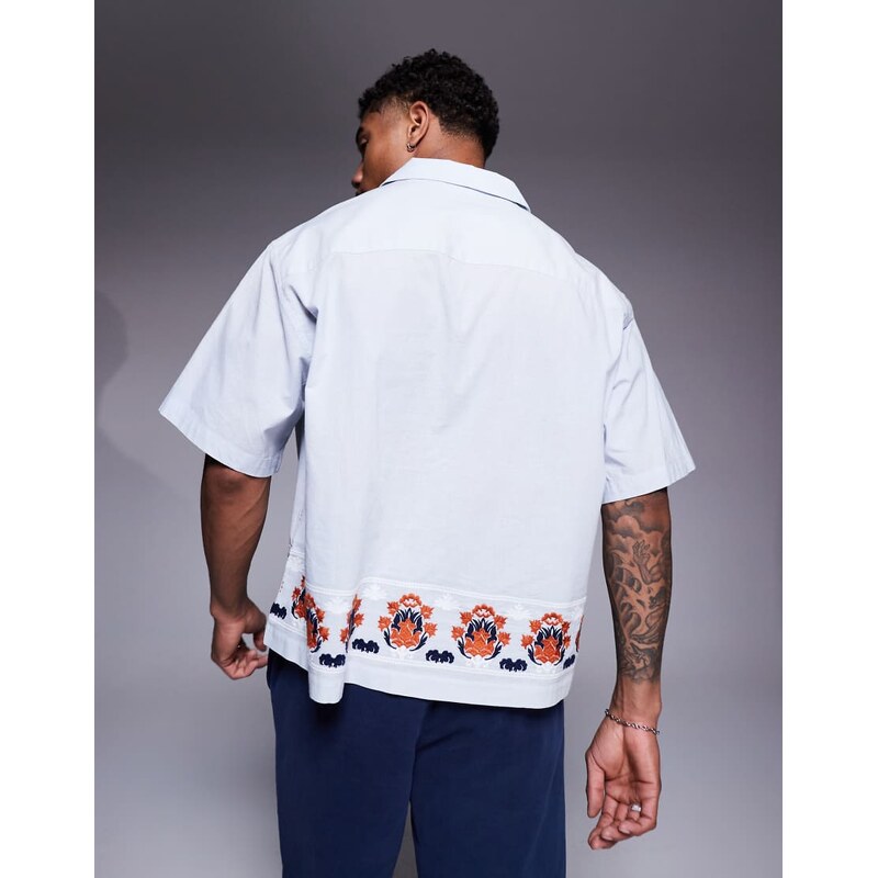 ASOS DESIGN premium boxy oversized shirt with embroidery in light blue