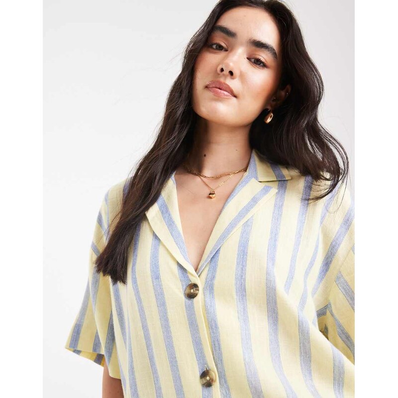 ASOS DESIGN linen blend short sleeve co-ord shirt in stripe-Multi