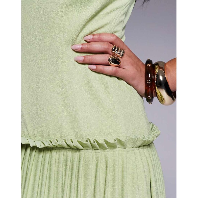 ASOS DESIGN square neck pleated maxi dress with dropped waist in pistachio-Red