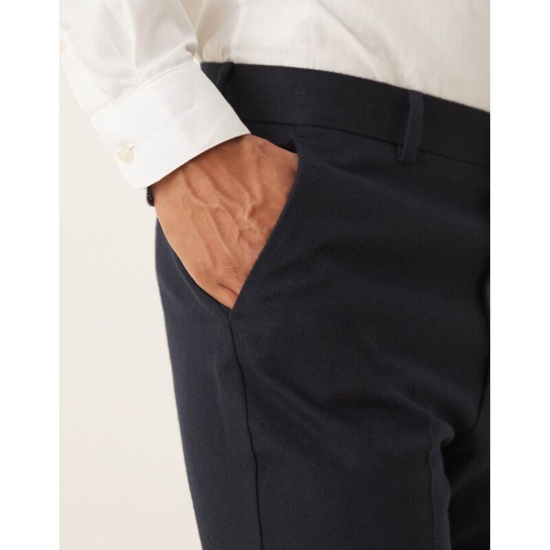 ASOS DESIGN tapered suit trousers in navy herringbone wool look