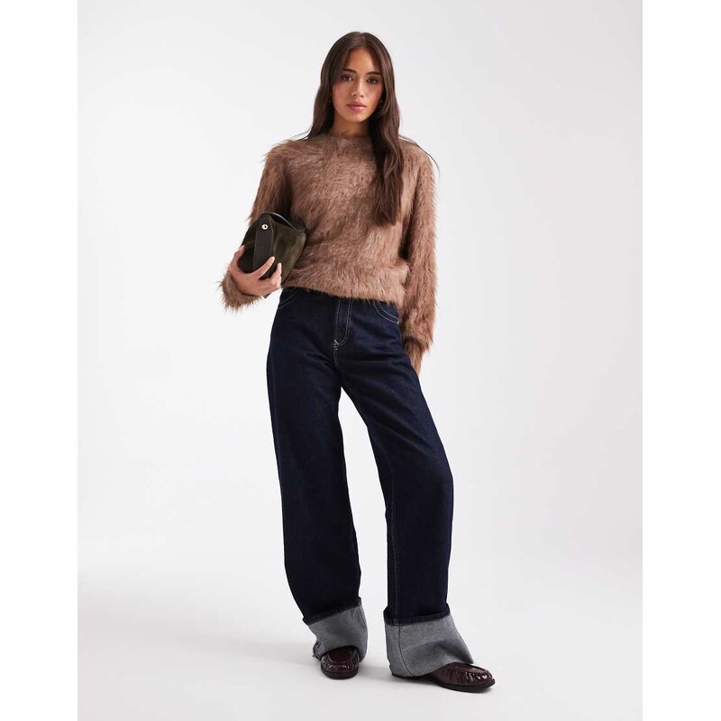 ASOS DESIGN knitted extreme eyelash crew neck jumper in taupe-Purple