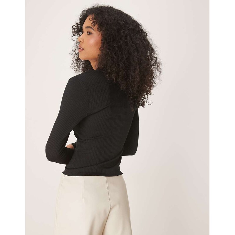ASOS DESIGN rib halter neck long sleeve top in black