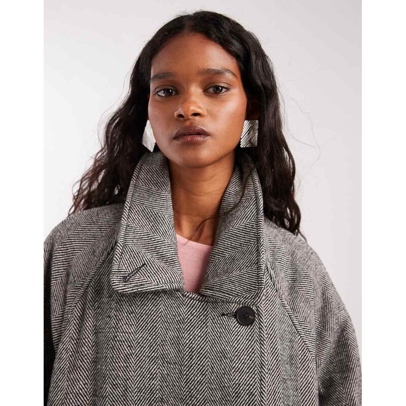 ASOS DESIGN oversized mid length pea coat in herringbone-Black