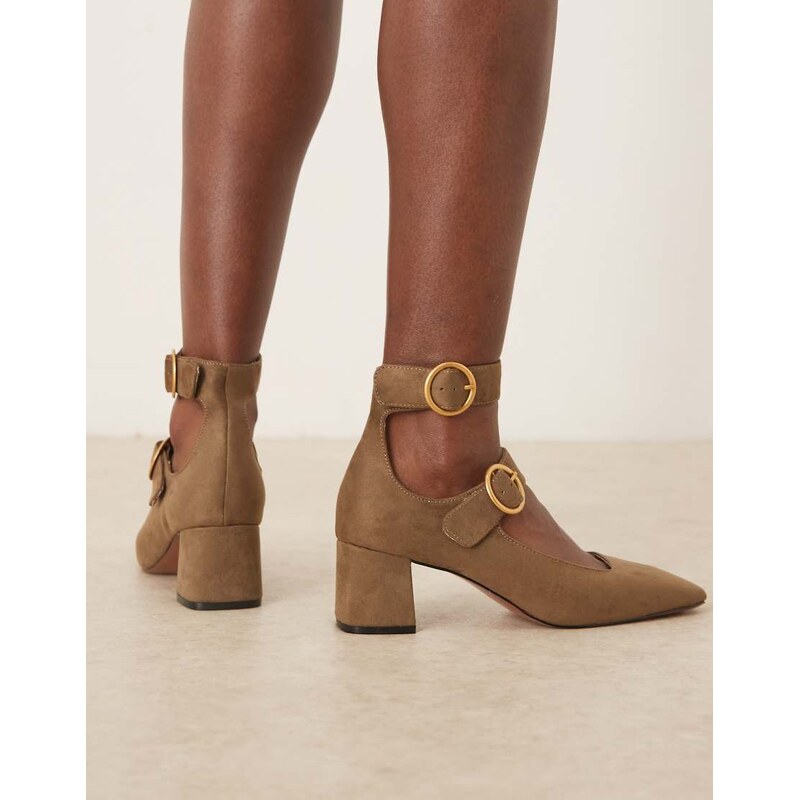 ASOS DESIGN Sasha double buckle strap mid block heel shoes in olive suedette-Green