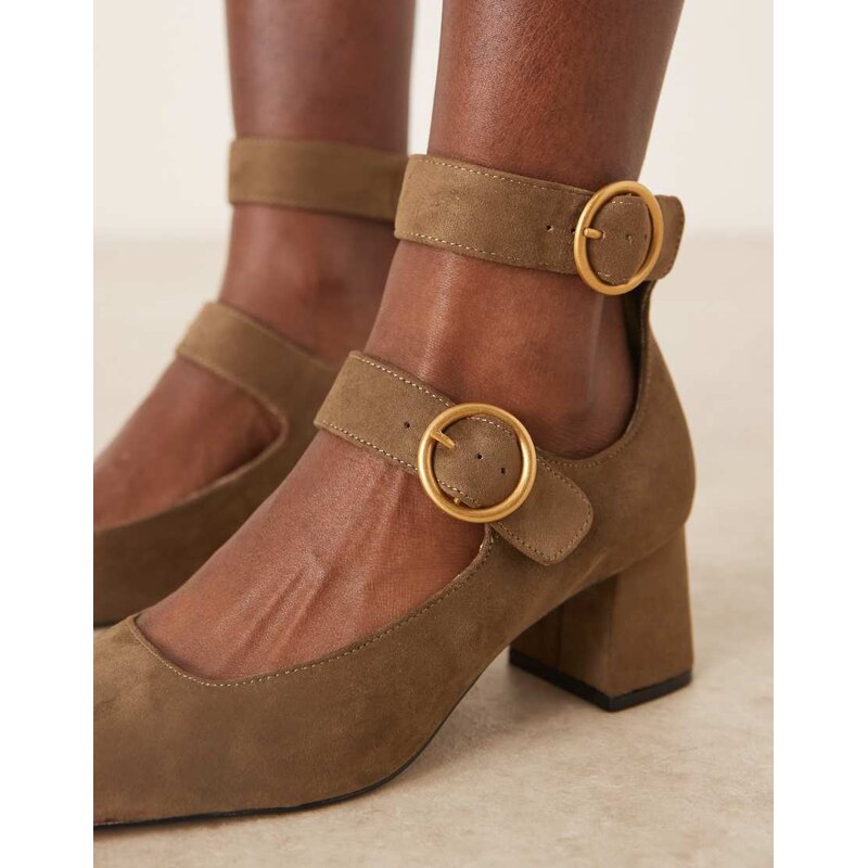 ASOS DESIGN Sasha double buckle strap mid block heel shoes in olive suedette-Green