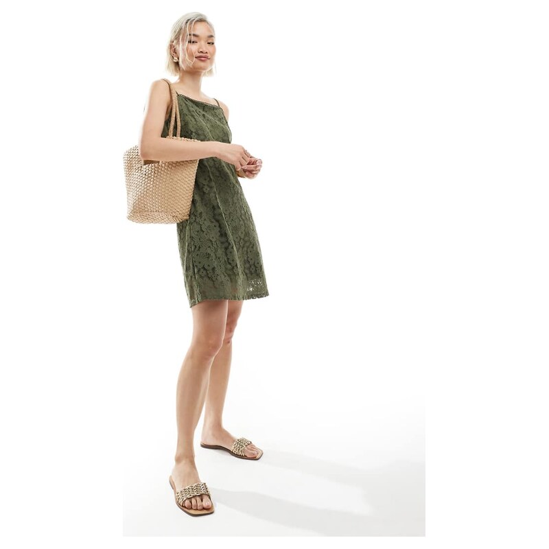 Vero Moda square neck lace cami mini dress in olive green