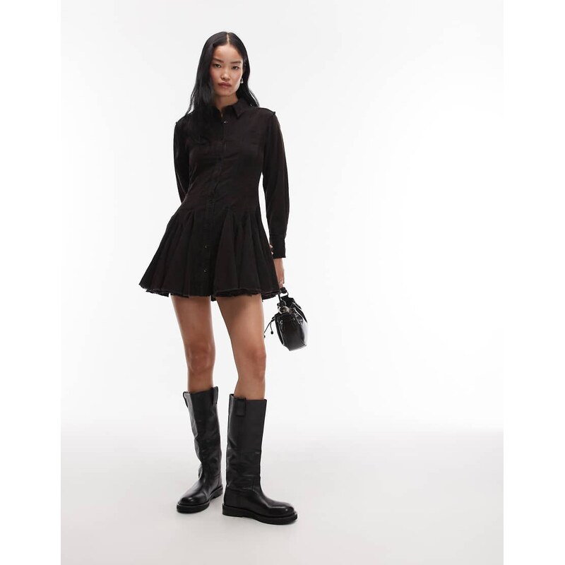 ASOS DESIGN cord shirt dress with nipped in waist and godets in washed black