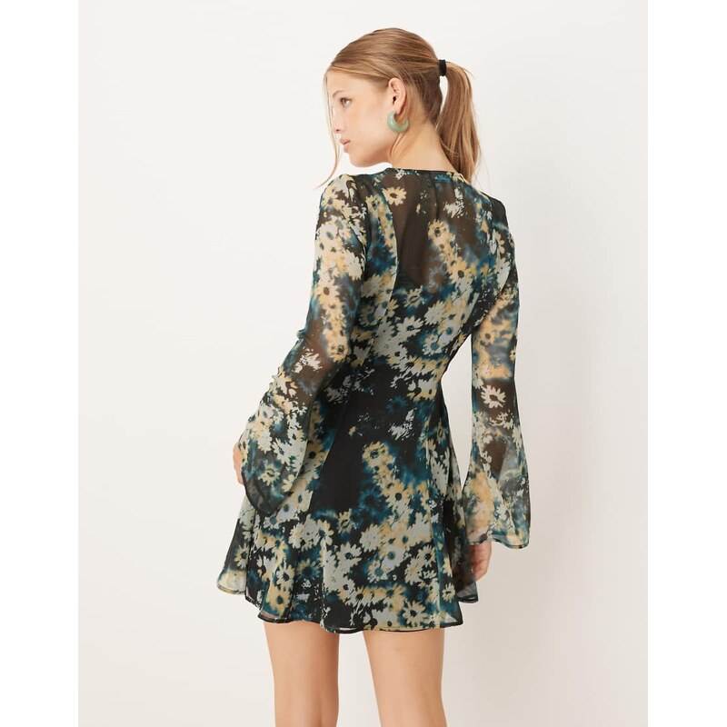 ASOS DESIGN wrap mini dress with ties in blurred blue floral-Multi