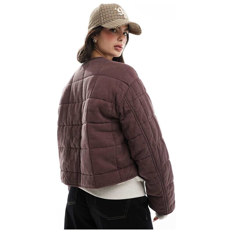 ASOS DESIGN crop collarless quilted jacket in chocolate-Brown