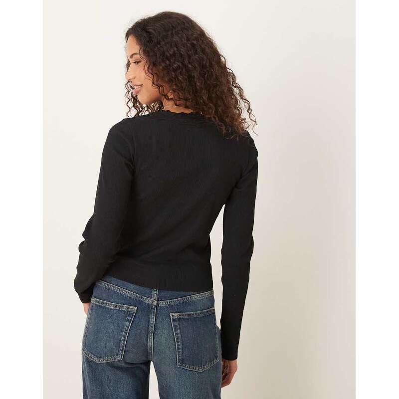 ASOS DESIGN ribbed round neck long sleeve top with lace trim in black
