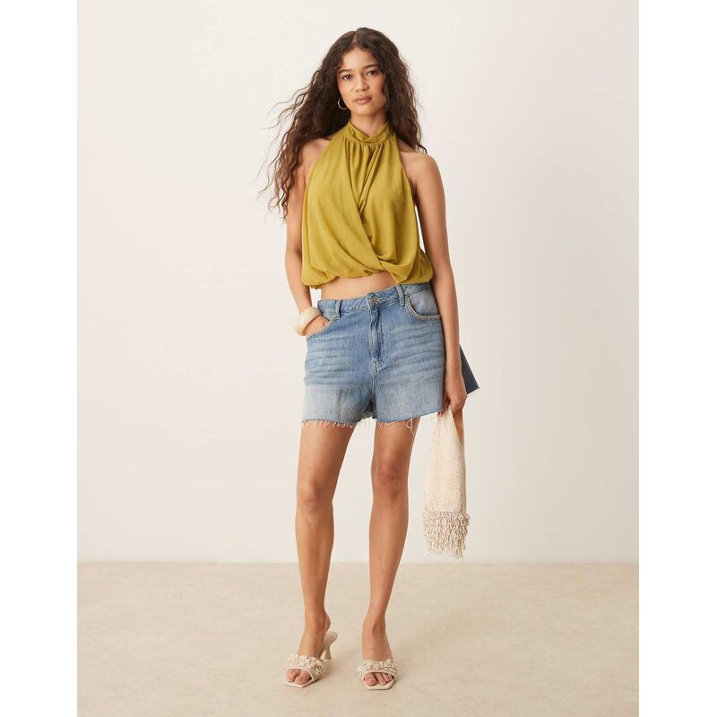 ASOS DESIGN drape halter neck top in olive green