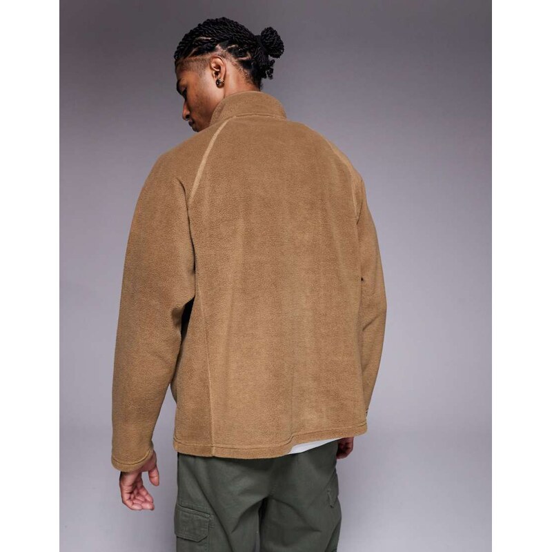ASOS DESIGN relaxed funnel neck quarter zip fleece sweatshirt in beige-Neutral