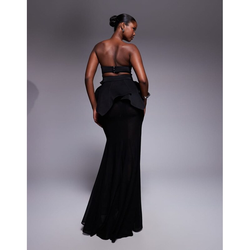 ASOS DESIGN Premium bodice maxi dress with cinched belt detail and sheer skirt in black scuba-style fabric