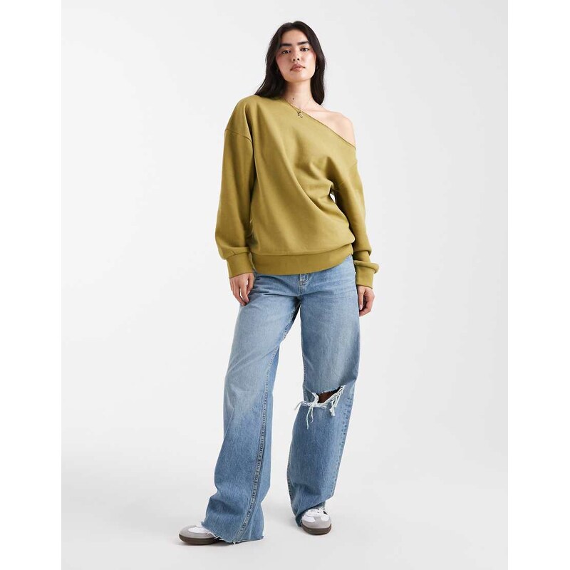 ASOS DESIGN off shoulder brushback sweatshirt in green
