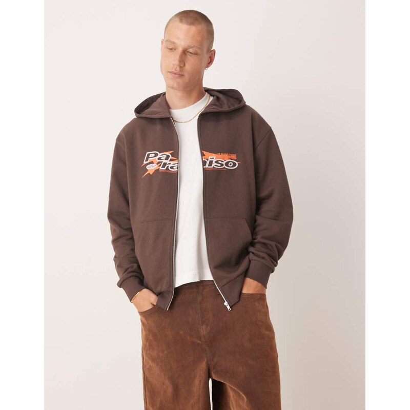 ASOS DESIGN zip through hoodie with sporty print in brown