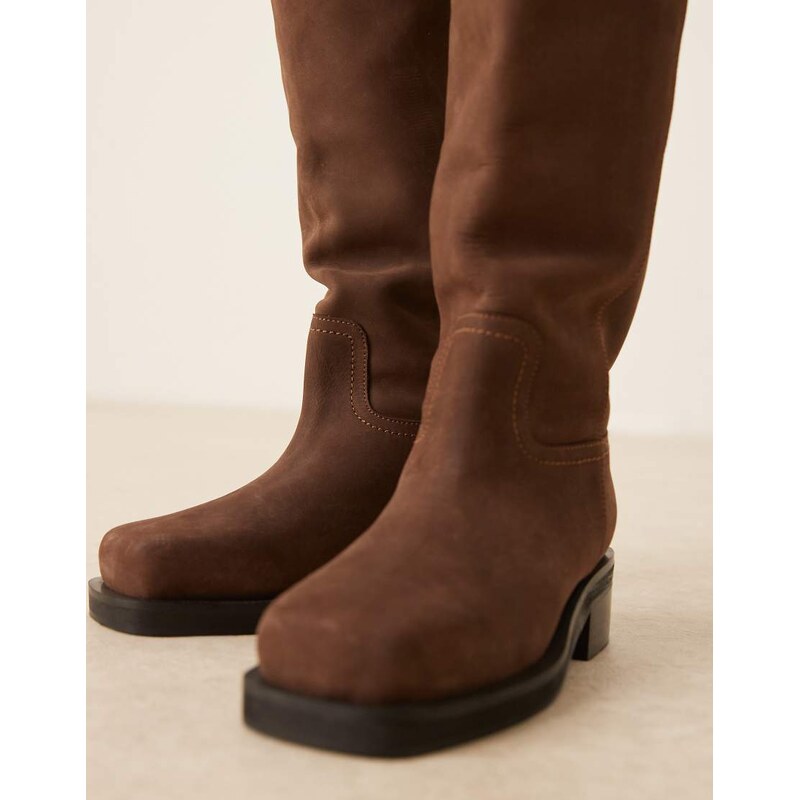 ASOS DESIGN Cynthia leather trucker pull on knee boots in chocolate nubuck-Brown