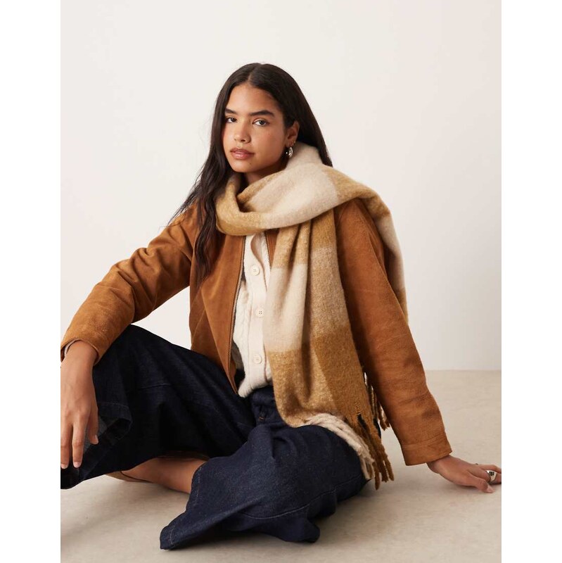 ASOS DESIGN woven tassel scarf in large check in neutral-Multi