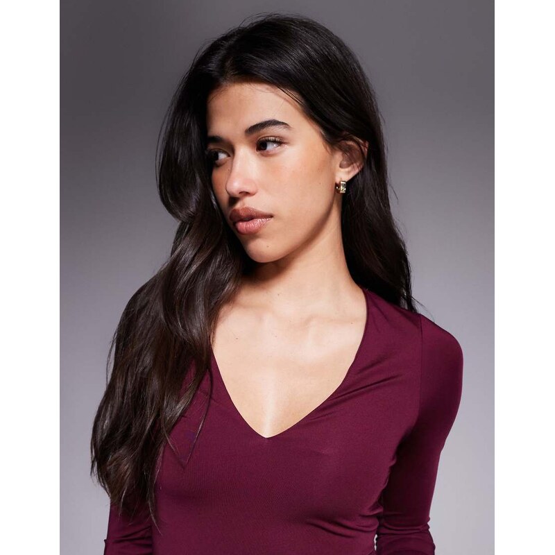 ASOS DESIGN double layer long sleeve deep v neck top in burgundy-Red