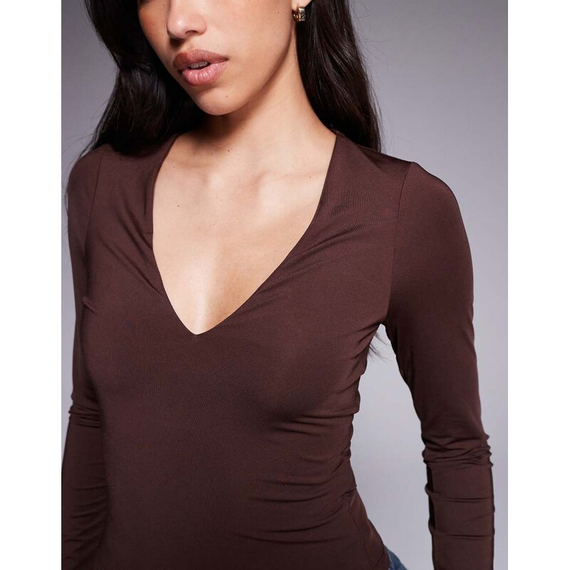 ASOS DESIGN double layer long sleeve deep v neck top in chocolate-Brown