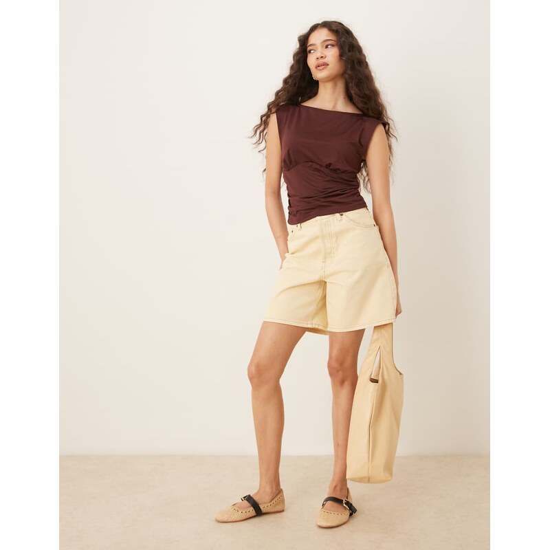 ASOS DESIGN boat neck under bust seam detail top in chocolate-Brown
