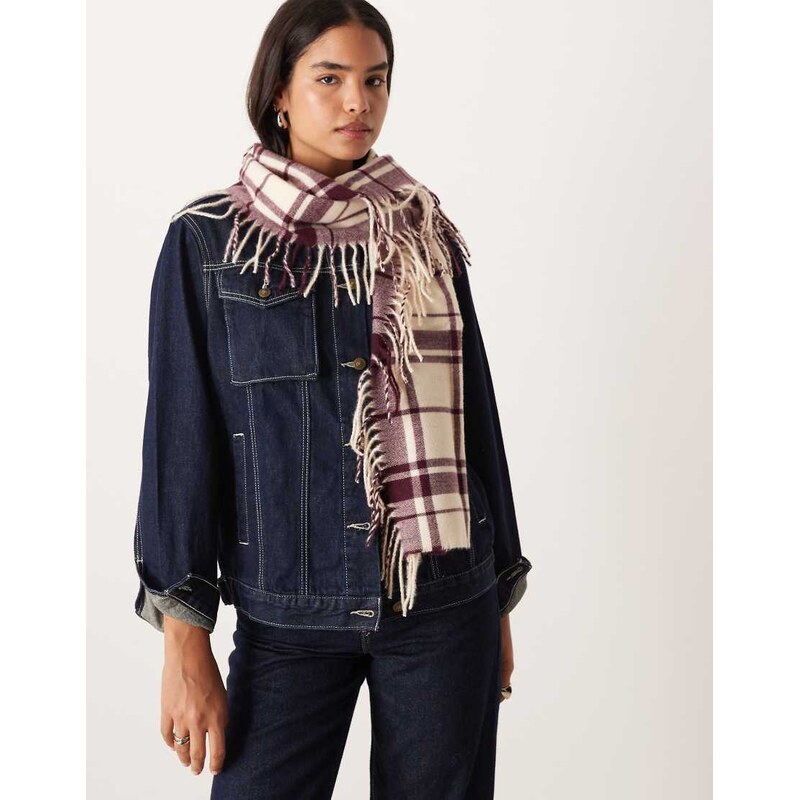 ASOS DESIGN scarf with side fringing in cream and burgundy check-Multi 115514709