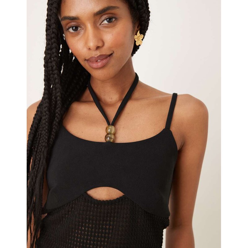 ASOS DESIGN co-ord crochet halter neck detail top with bead detail in black