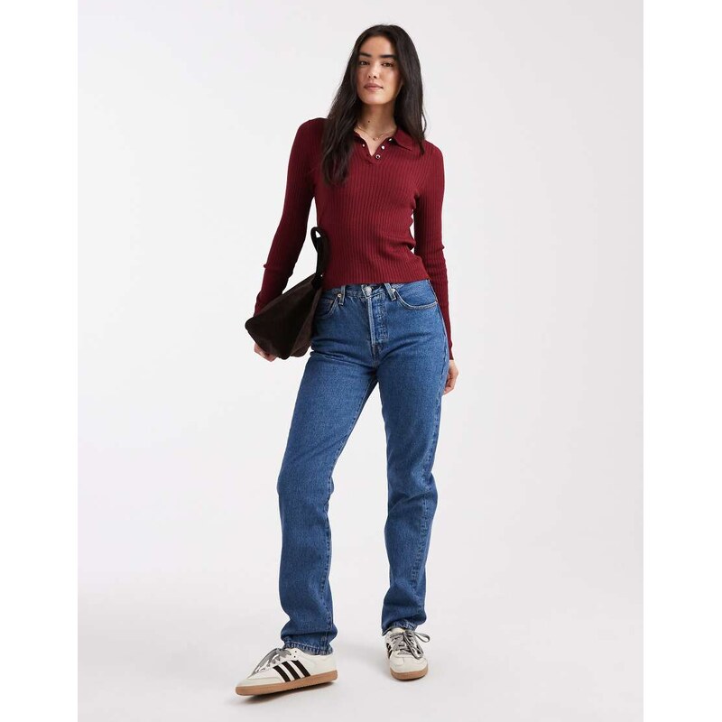 ONLY ribbed long sleeve polo in light burgundy-Red