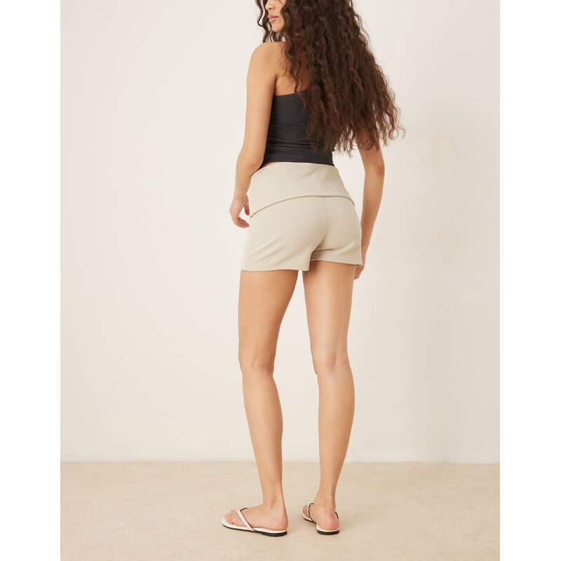 ASOS DESIGN fold over ribbed hot pant short in stone-Neutral