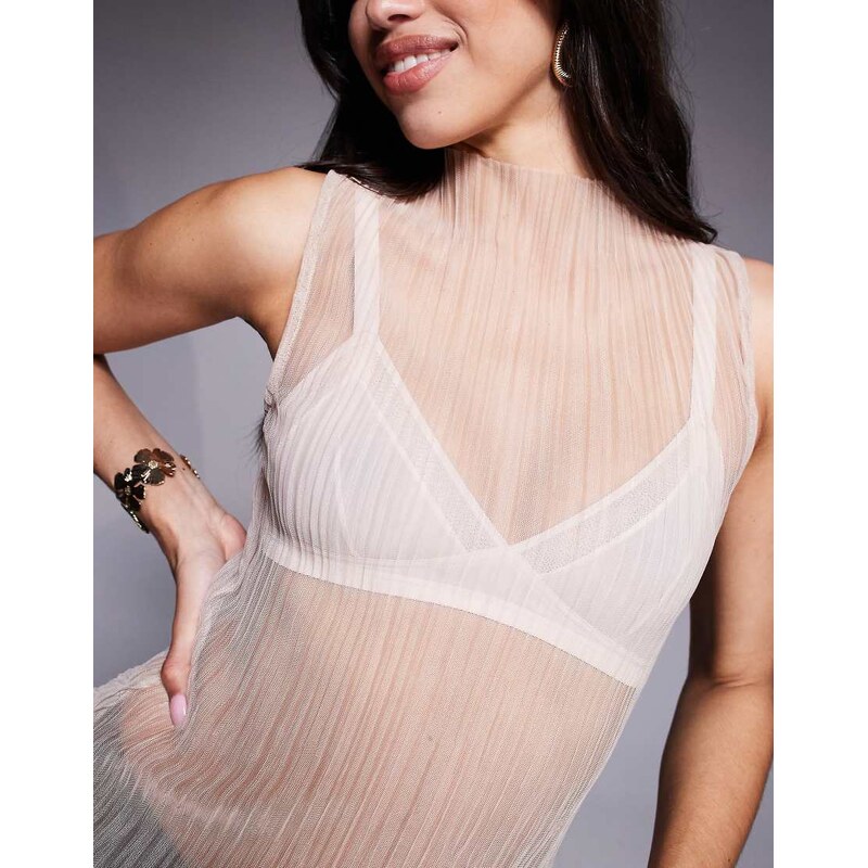 ASOS DESIGN sleeveless high neck sheer plisse top in beige-Neutral