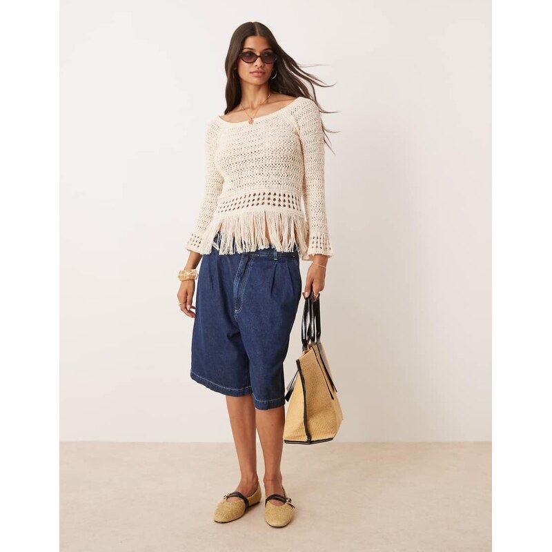 ASOS DESIGN crochet look off shoulder jumper with fringe hem in stone-Neutral