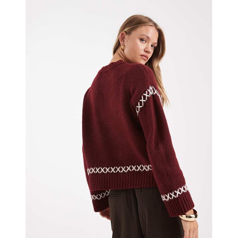 ONLY contrast details round neck jumper in burgundy-Red