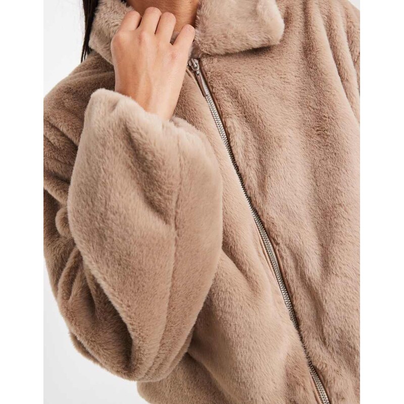ONLY zip through faux fur jacket in beige-Neutral