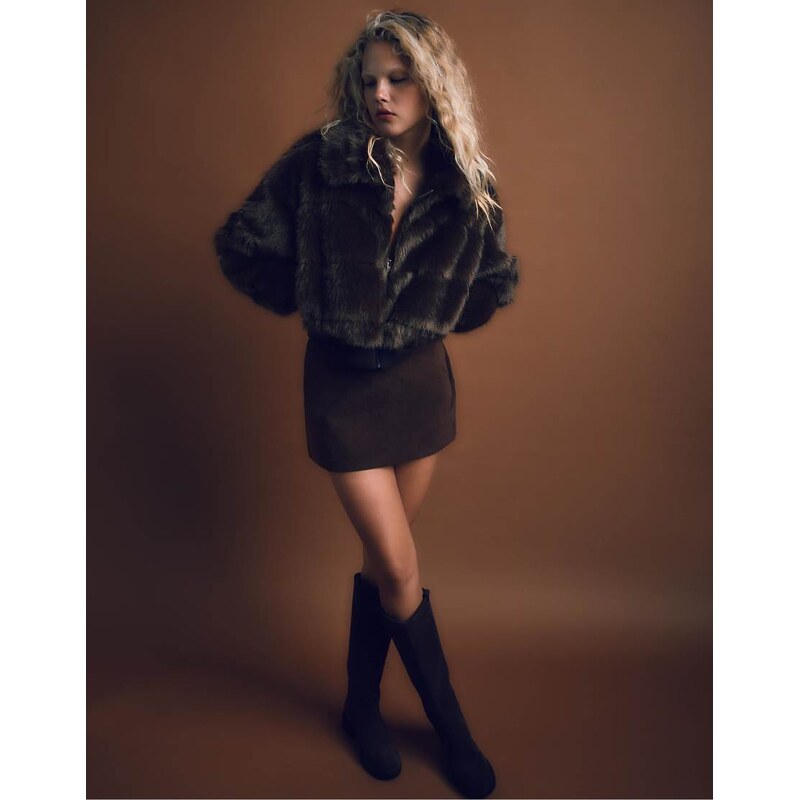 Stradivarius Faux fur bomber jacket with zip in brown