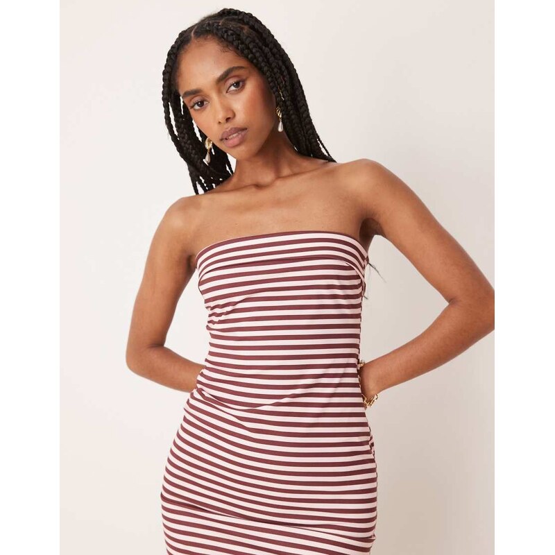 ASOS DESIGN bandeau fold over midi dress in brown and pink stripe-Multi