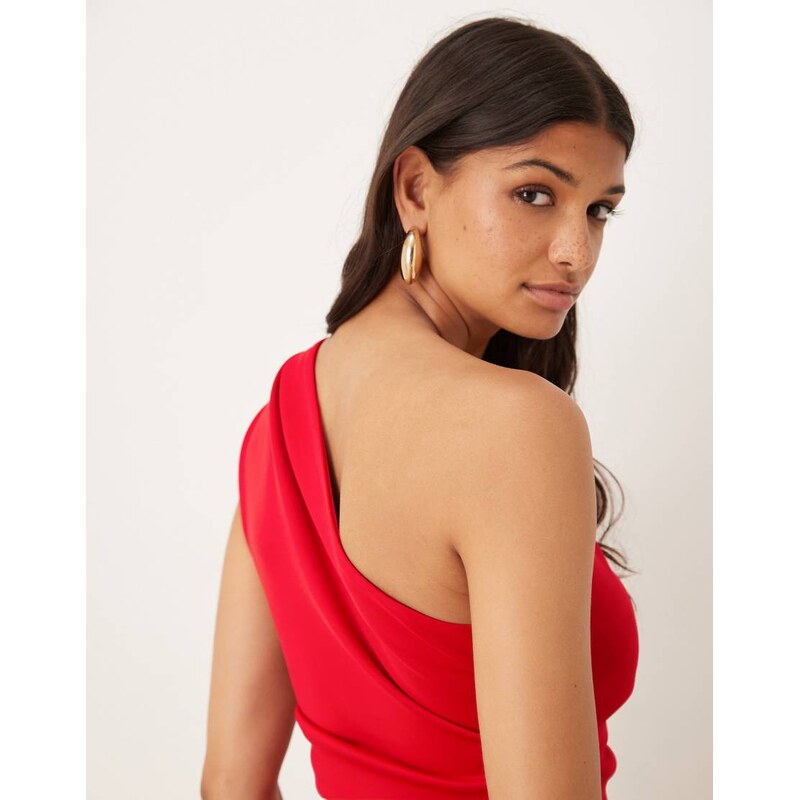 ASOS DESIGN one shoulder asymmetric hem top with ruching in red-Black