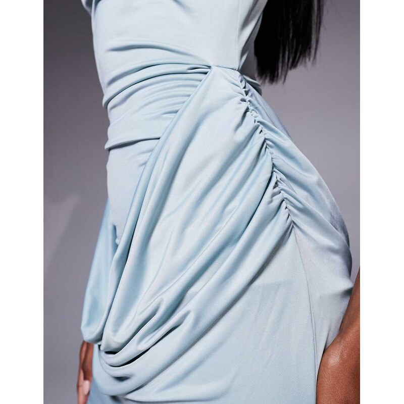 ASOS DESIGN stretch satin high neck mini dress with cowl waist detail in light blue