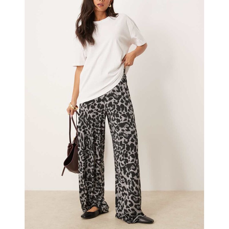 Vila pull on wide leg trousers in grey leopard print