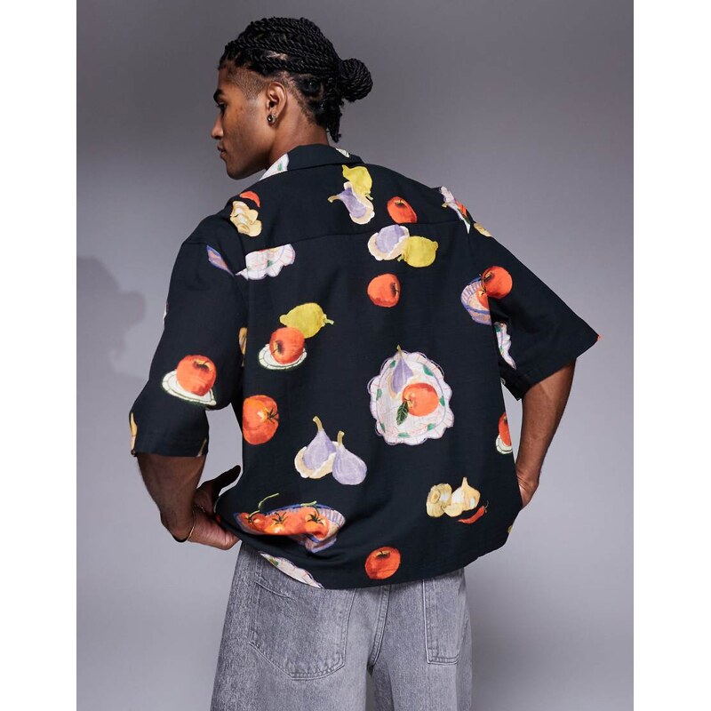 ASOS DESIGN boxy oversized revere printed shirt in black