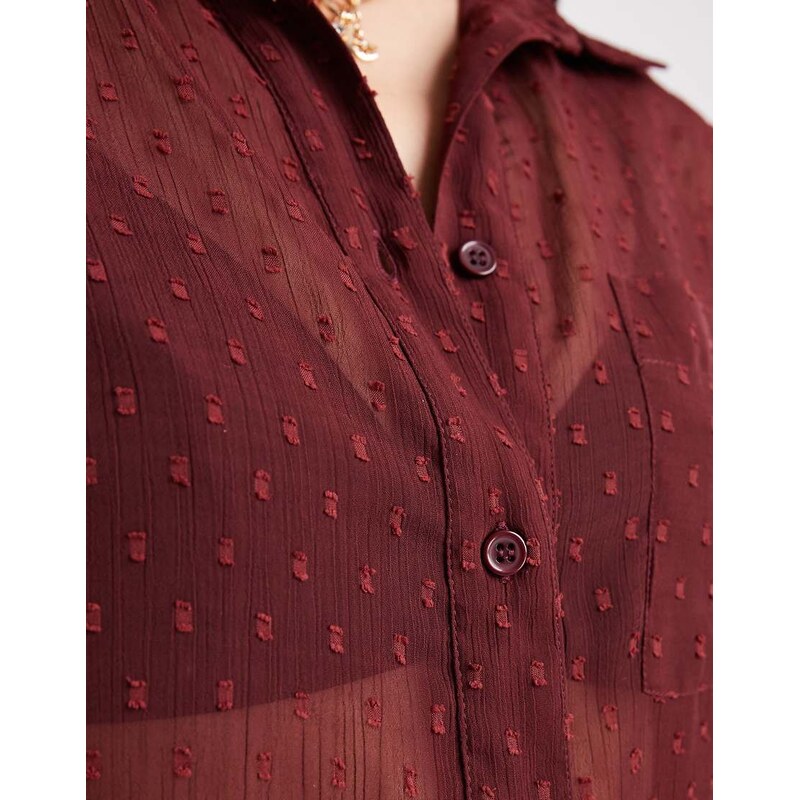 ASOS DESIGN sheer dobby detail shirt in burgundy-Red
