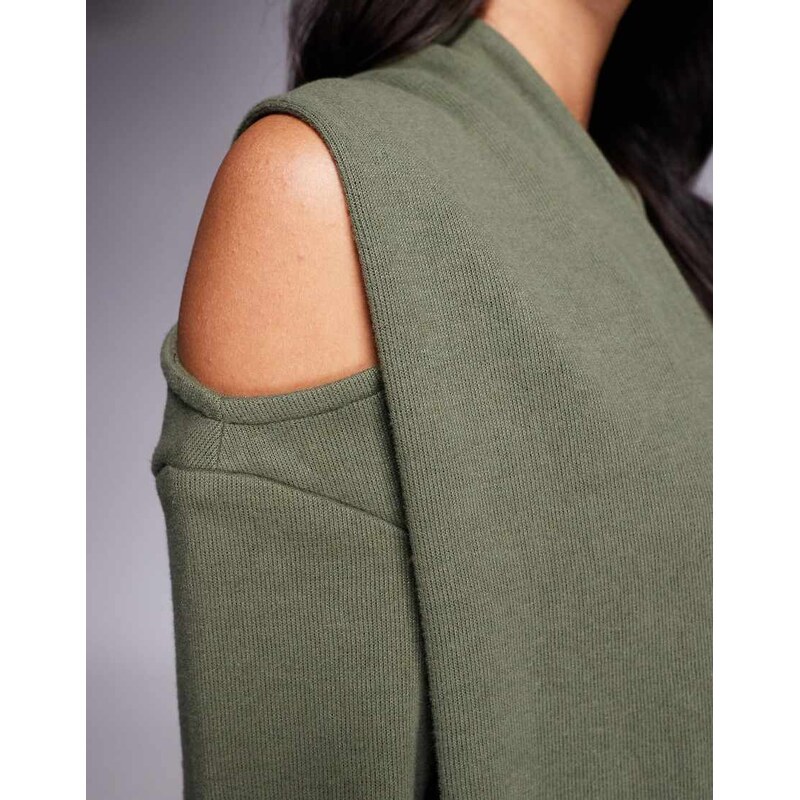 ASOS DESIGN supersoft slash neck scarf detail mini dress in khaki-No colour