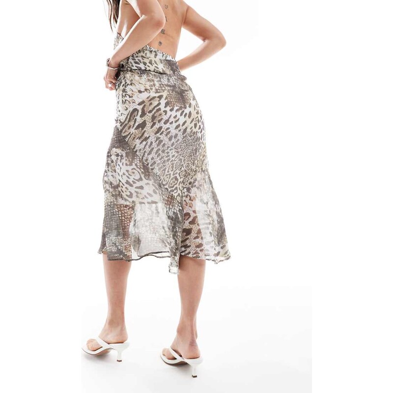 ASOS DESIGN chiffon asym hem midi skirt in animal print-Multi
