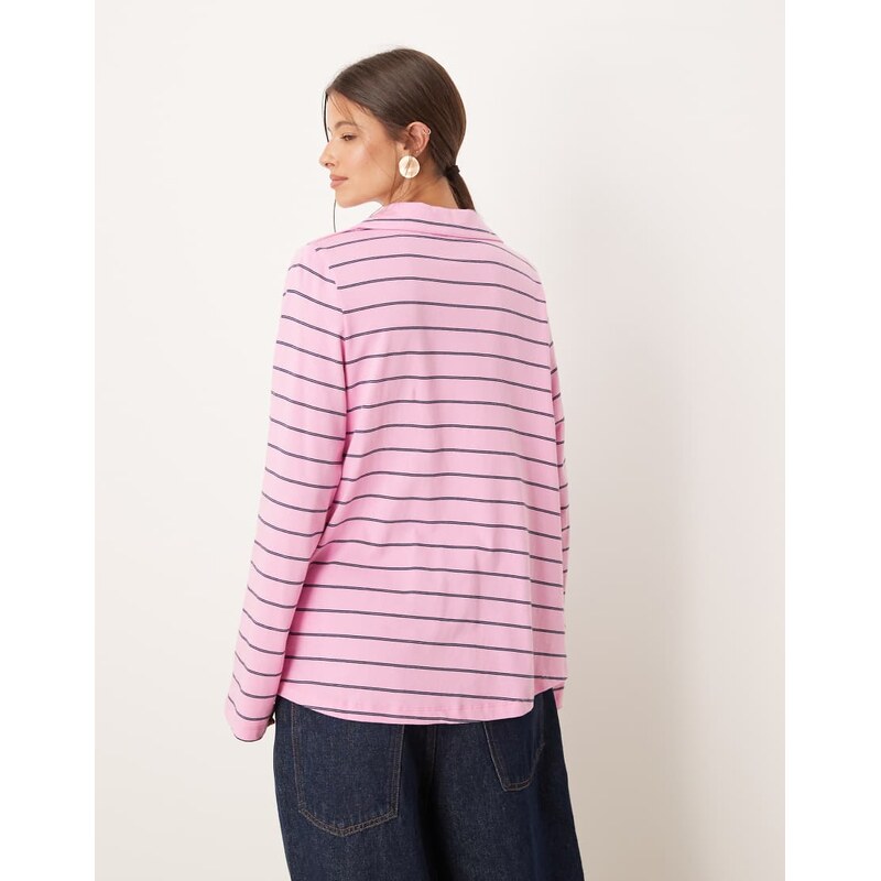 ASOS DESIGN tuck detail rugby top in pink and navy stripe-Multi
