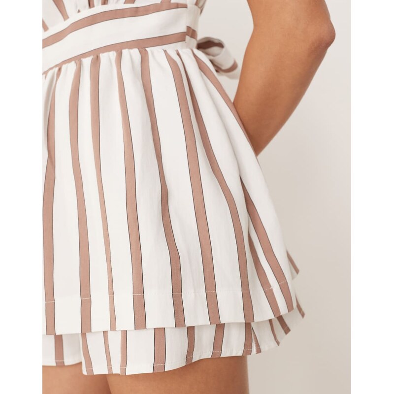 ASOS DESIGN tie back double layer playsuit in natural stripe-Multi